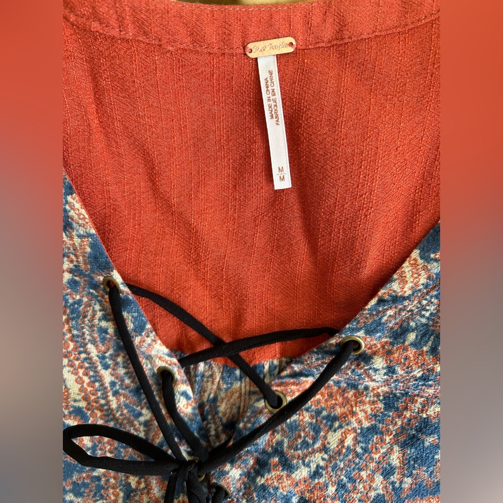 FREE PEOPLE SZ M Slubbed Crinkle Wildest Tunic Persimmon FRONT CRISS CROSS TIE - Picture 11 of 12